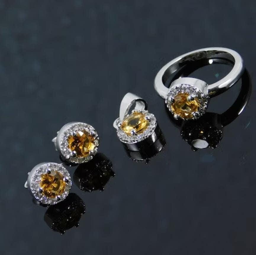 Natural Citrine Jewelry Set with Ring, Earrings, Pendant, and Loose Gemstone
