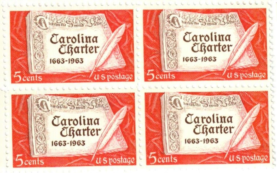 CAROLINA CHARTER--Block of 4 Collectible Unused 1963 Stamps--FREE SHIPPING