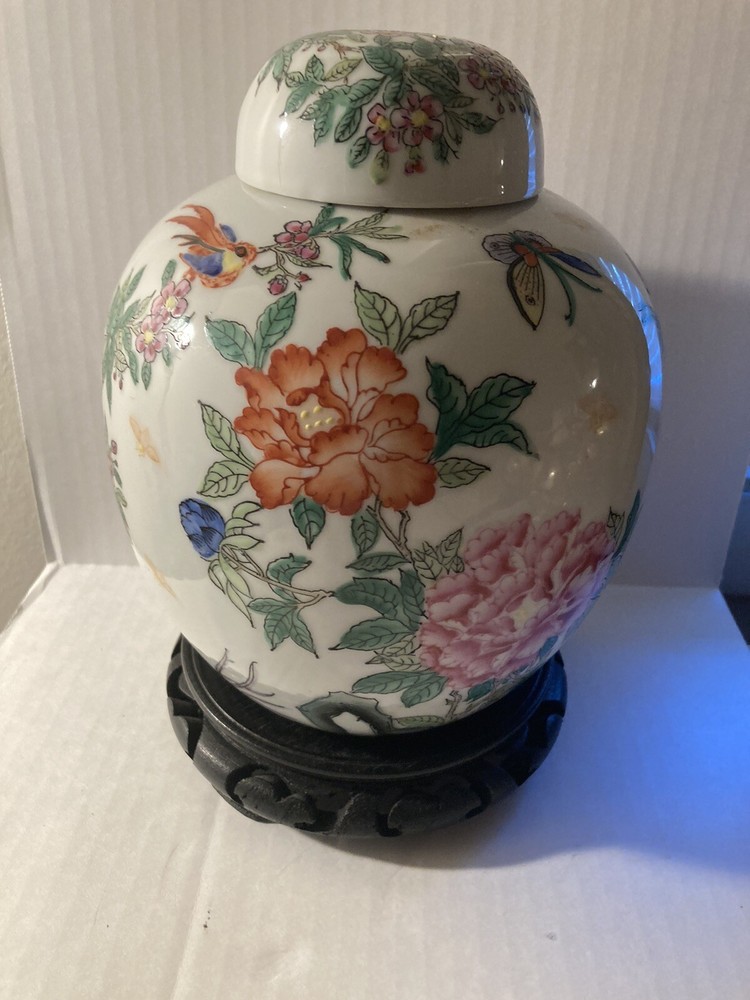 Porcelain Floral  Oriental Ginger Jar W/ Stand 9 “ Without Stand