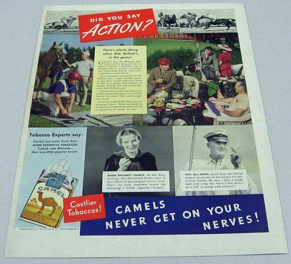 1937 Print Ad Camel Cigarettes Flamingo Polo Club Players & Horses