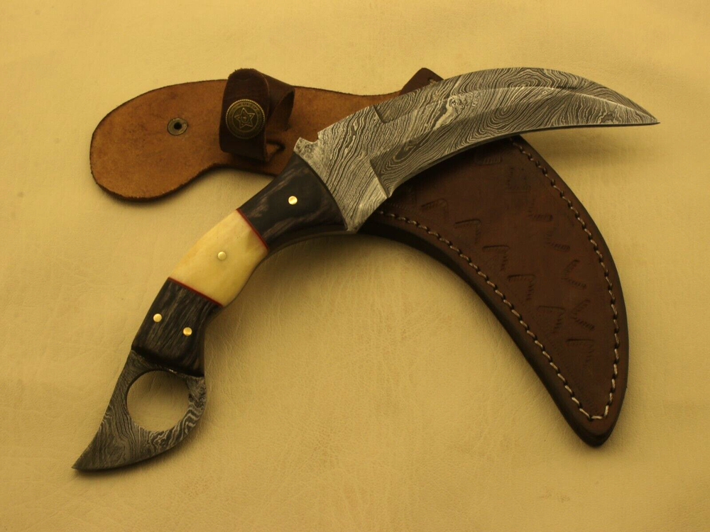 CUSTOM HANDMADE DAMASCUS  KARAMBIT KNIFE HANDLE CAMEL BONE+LEATHER SHEATH