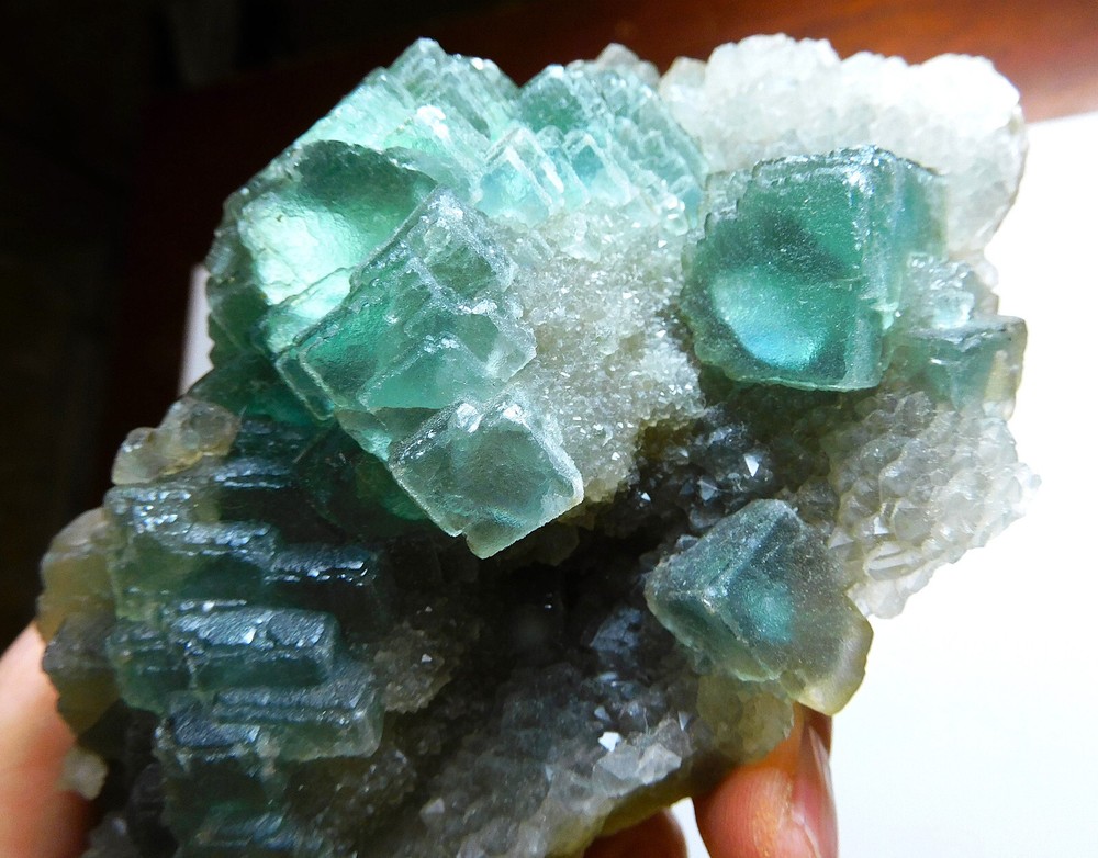 Hexagonal Blue Green Fluorite with Calcite Crystals Mongolia 456g