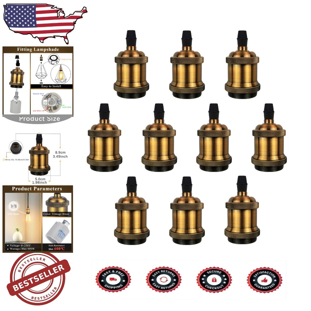 Decorative E26 Edison Pendant Light Socket in Antique Brass, 600℃ Heat Resistant