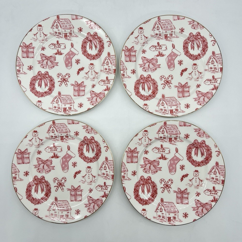 Grace Teaware Country Christmas Red/White Porcelain S/4 SALAD Plates 8”