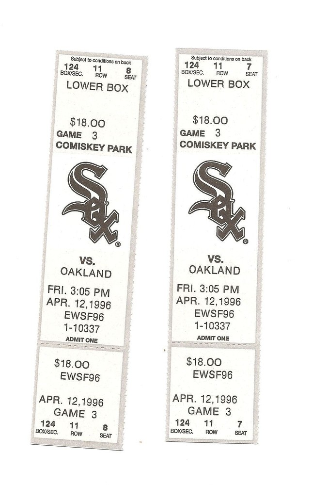 Chicago White Sox vs Oakland A's unused Baseball Tickets from 4/12/1996