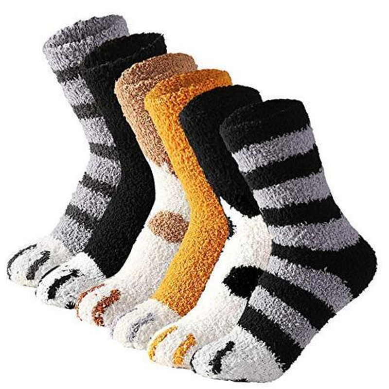 Womens Fuzzy Socks Cozy Fluffy Warm Slipper Cloud One Size 6 Pairs Cat Paw
