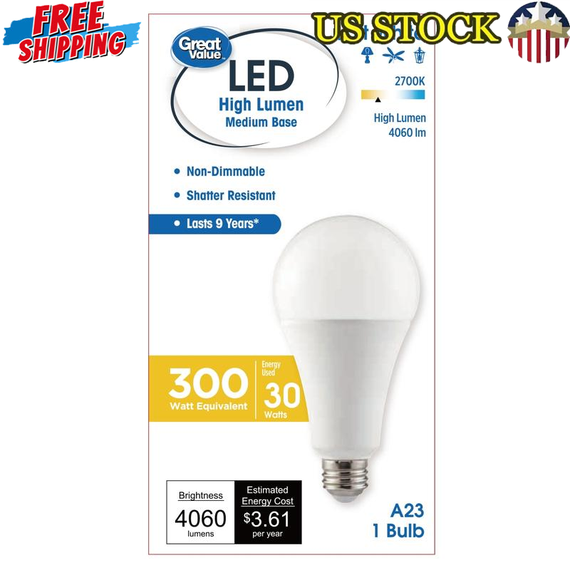 A23 High Output 4060 Lumen Super Bright LED Light Bulb 30W Warm White E26 Base