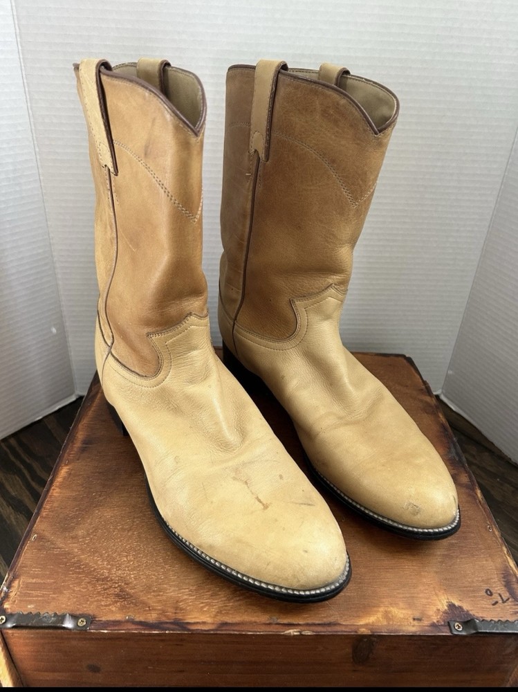 Justin Ropers 9M Round Toe Tan Leather Western Cowboy Boot Vintage Distressed USA Made