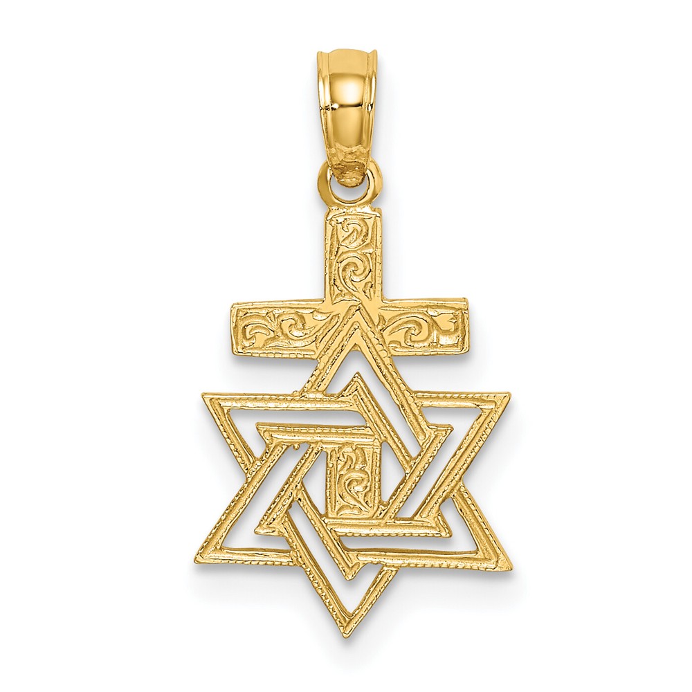 14K Yellow Gold Polished / Engraved Star Of David and Cross Charm - 20.4mm