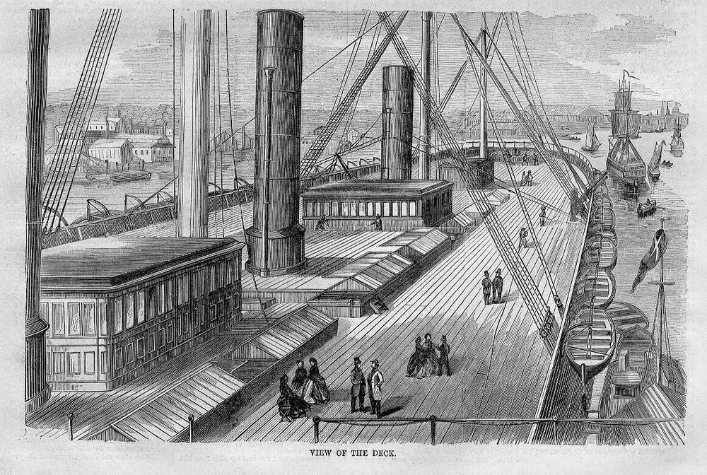 NAUTICAL SAILING STEAMSHIP VESSEL THE GREAT EASTERN VIEW OF THE DECK LIFEBOATS