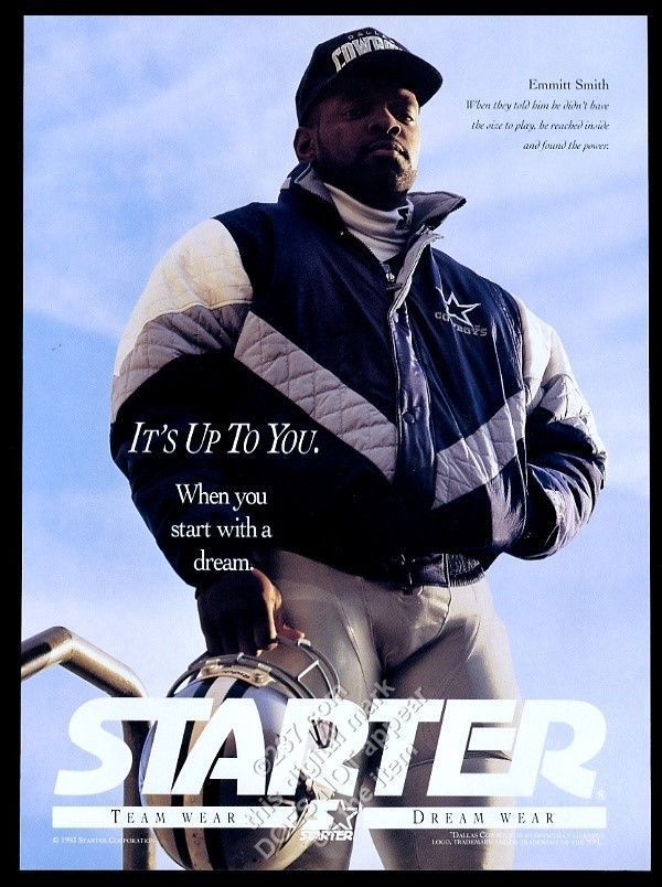 1993 Emmitt Smith Dallas Cowboys photo Starter jacket vintage print ad