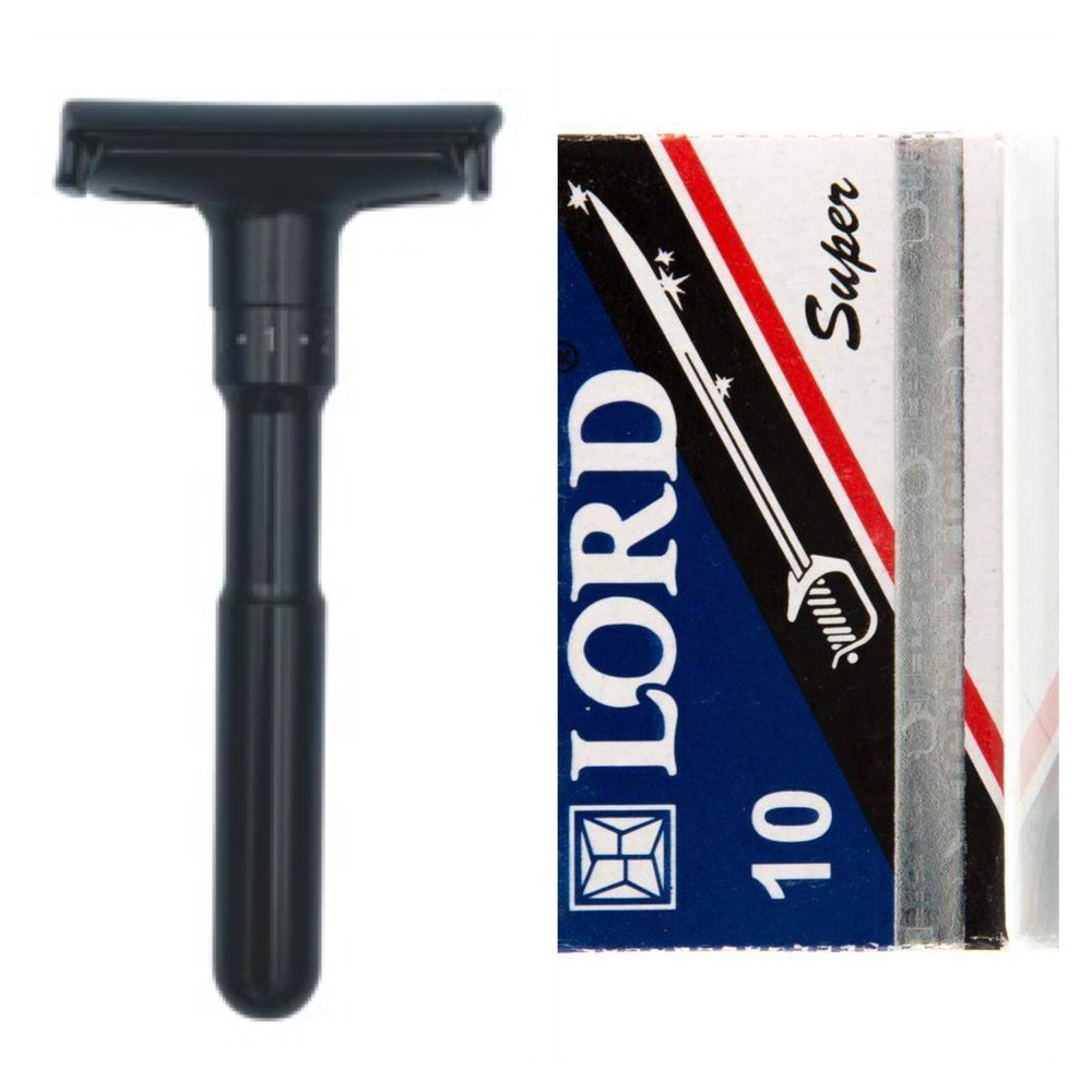 Variant ADJUSTABLE Safety Razor & 10 Double Edge Shaving Blades - Black