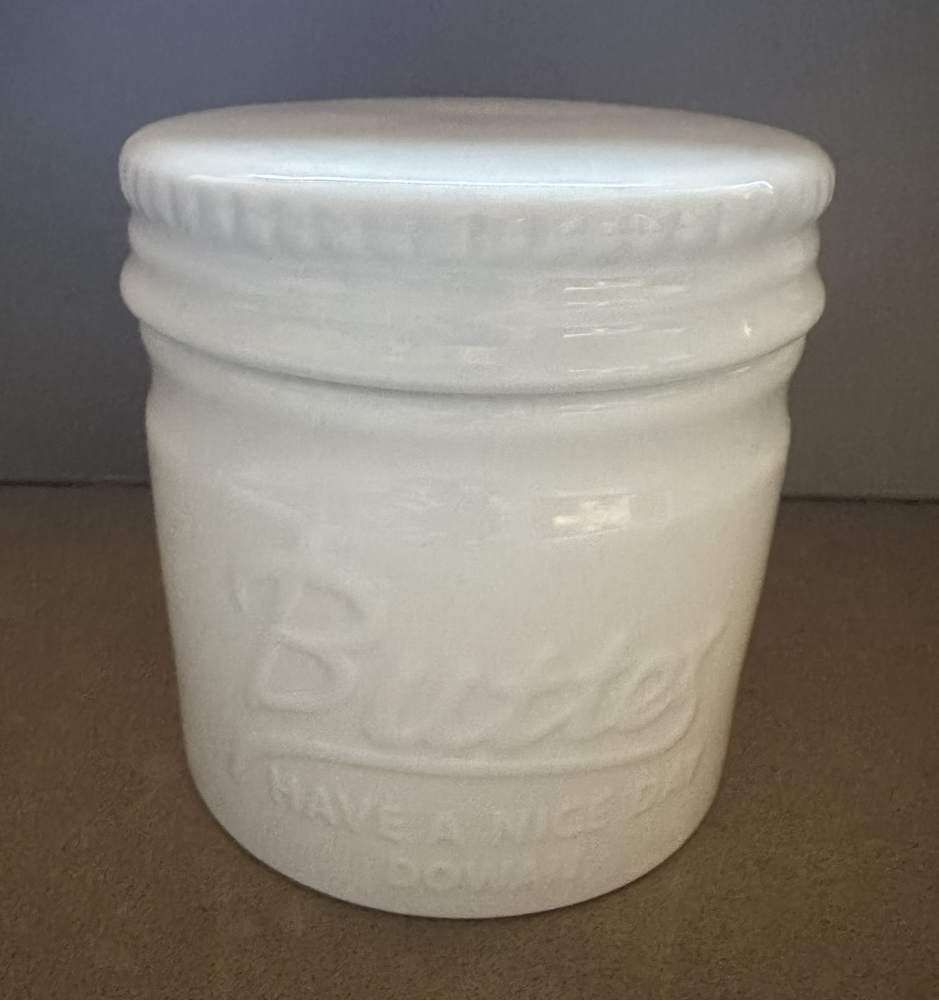 French Butter Bell Crock in Mason White with Embossed Have a Nice Day Design by Dowan