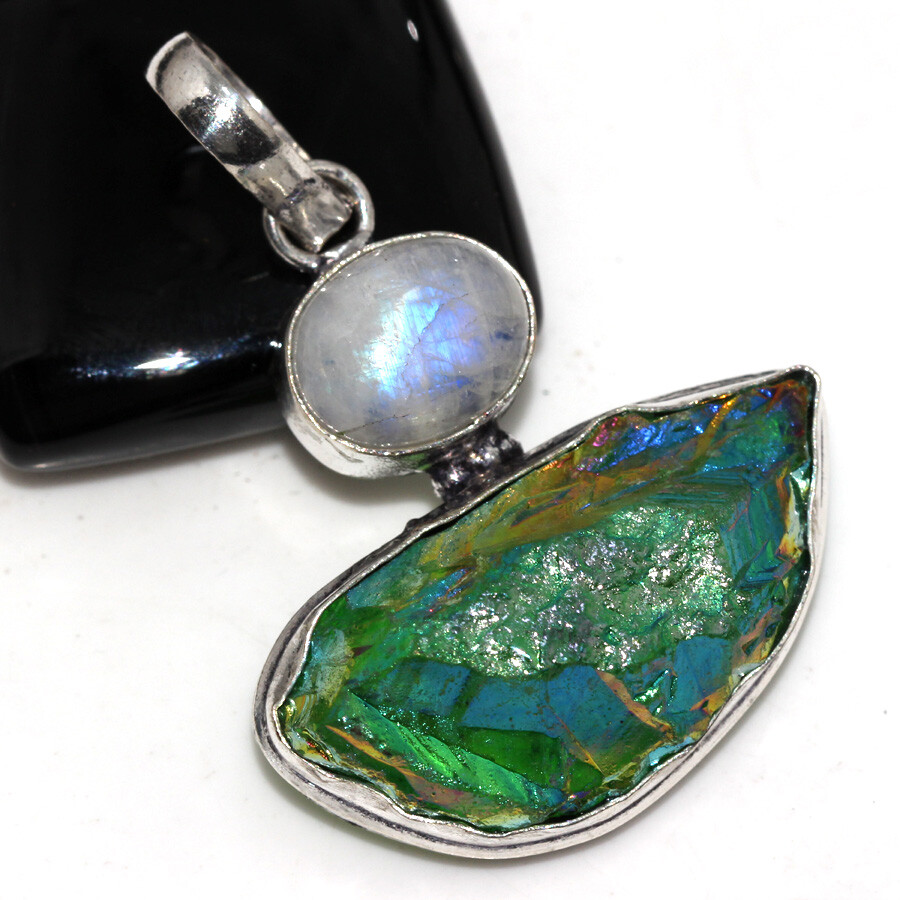 925 Silver Plated Green Titanium Aura Quartz Pearl Long Pendant Size 1.7