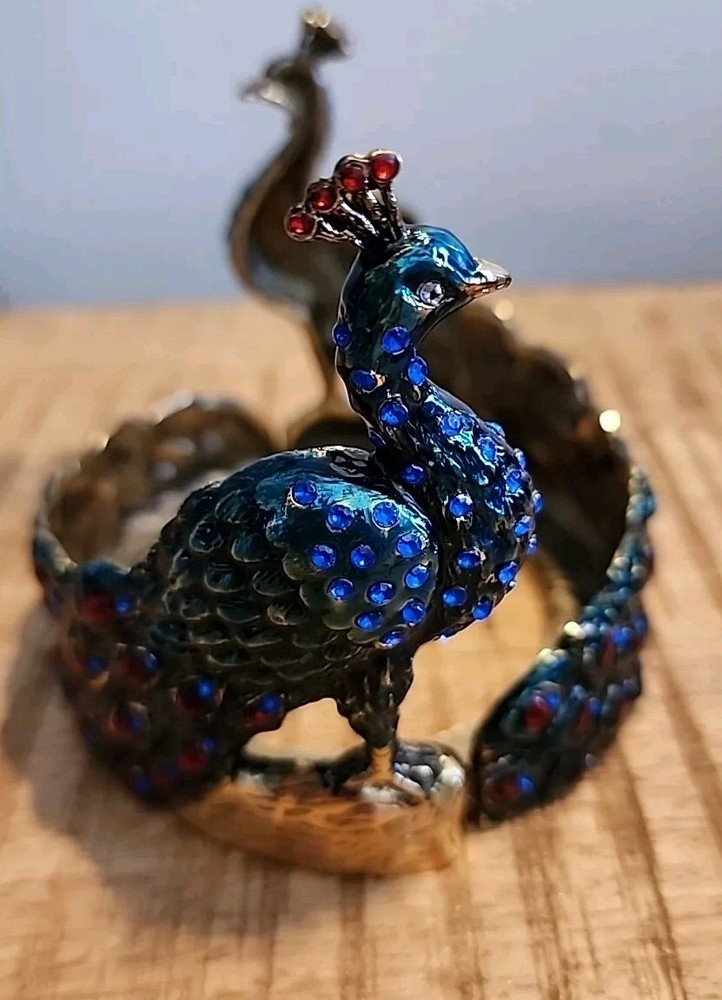 Beautiful Bejeweled Enamel Hand Painted Solid Brass Twin Peacocks Candle Holder