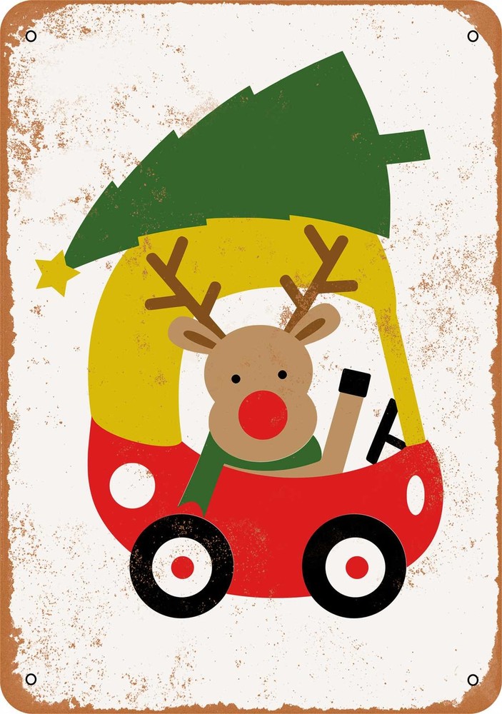 METAL SIGN - Little Red Car Deer - Vintage Look