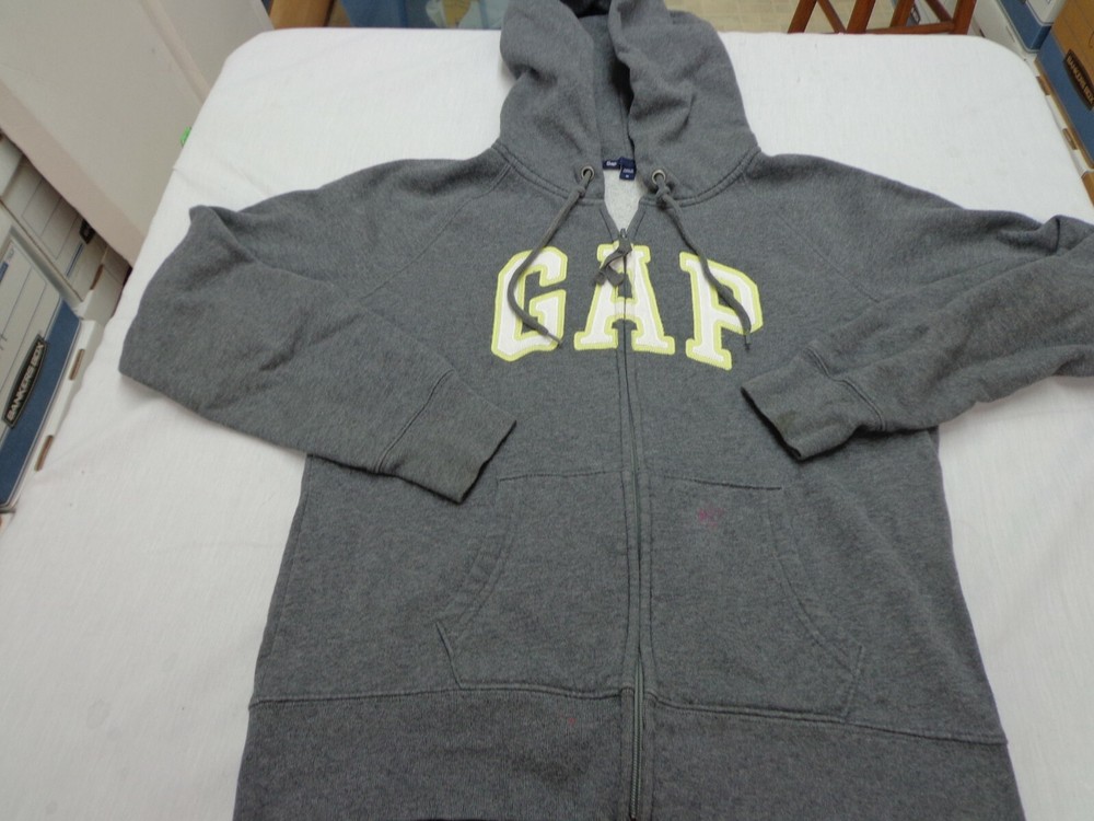 GAP  Hoodie Swearshirt Gray with Yellow White Graphic  Womens Size  Medium  Flaw