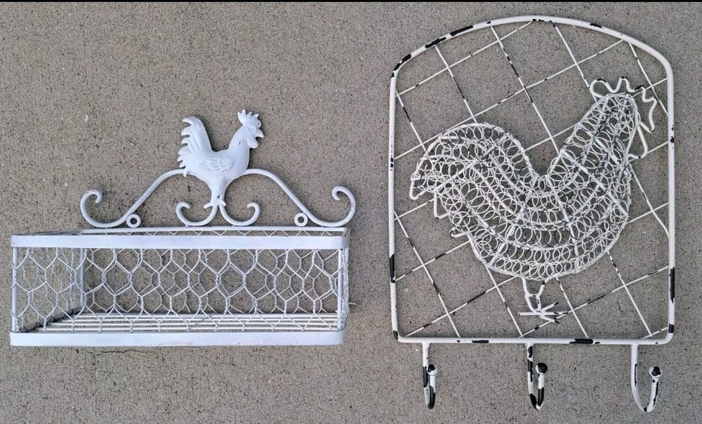 Gallo blanco pollo alambre metal pared correo soporte carta almacenamiento cesta gancho llave