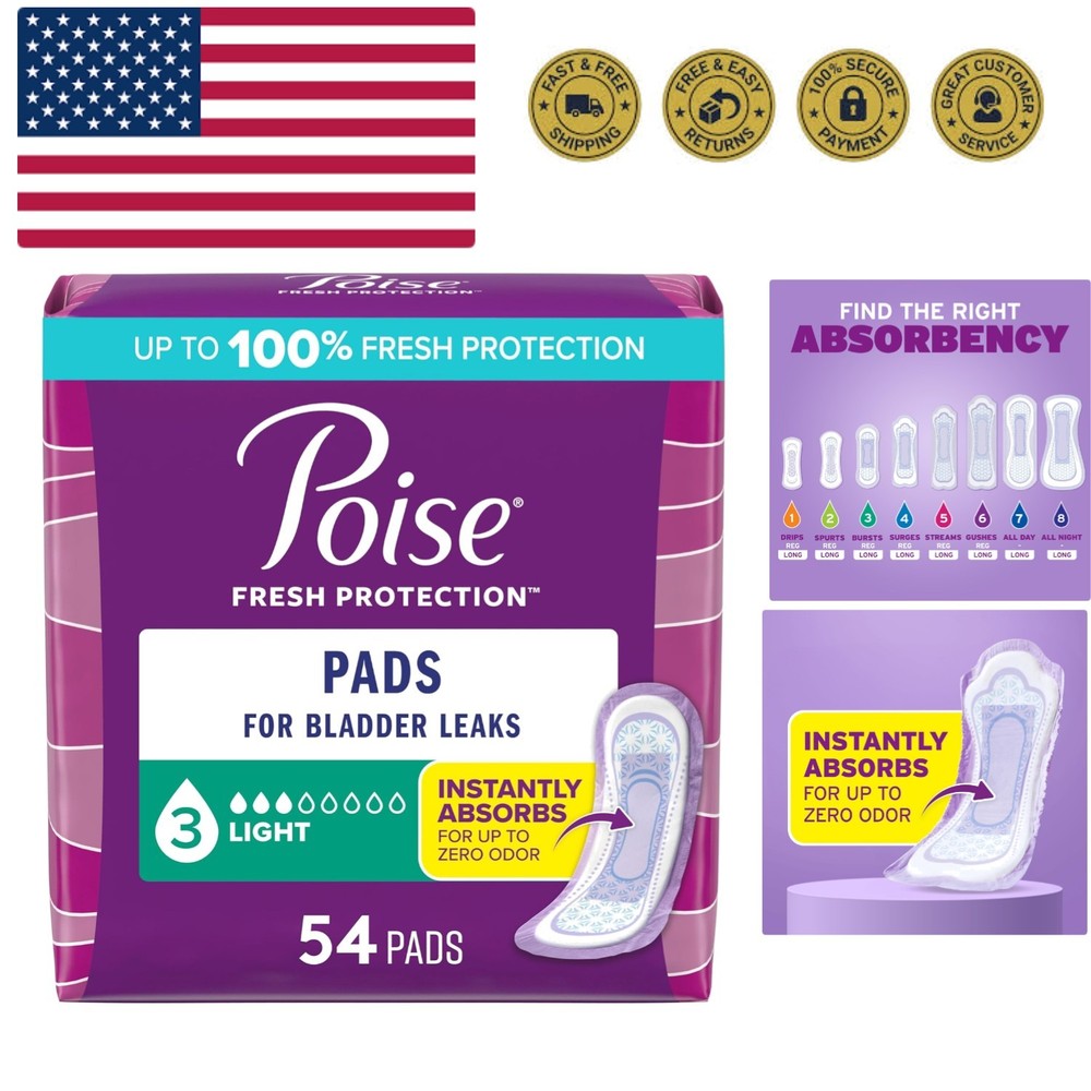 Incontinence & Postpartum Pads for Bladder Leaks, 3 Drop Light Absorbency, Re...
