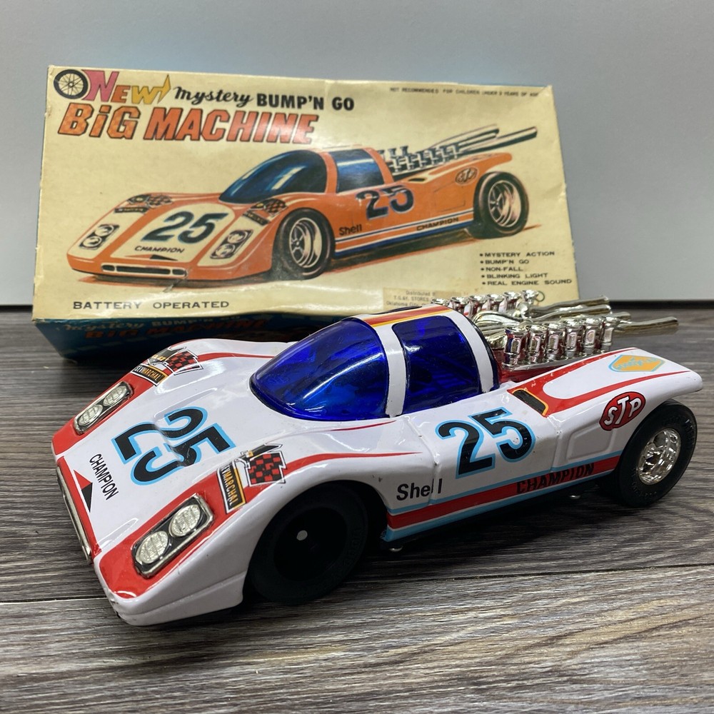 VTG New Bump N Go Big Machine Model Car w/Box Shell Goodyear Olympics Taiwan