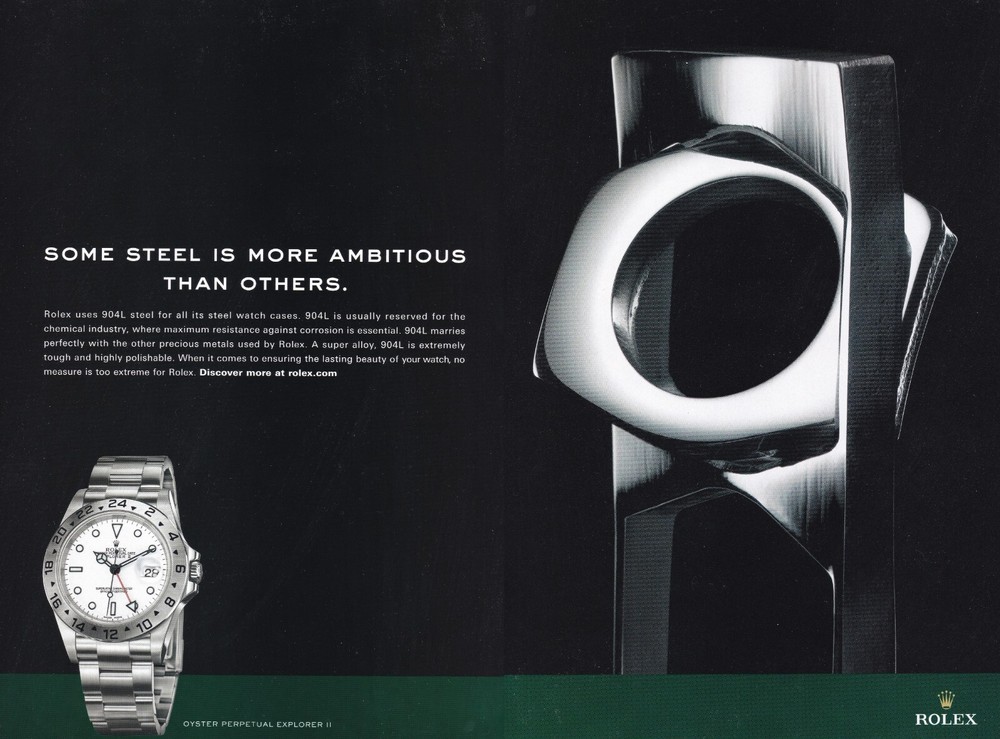 2009 Rolex Explorer Steel Original 2-Page Print Ad Some Steel is More Ambitious