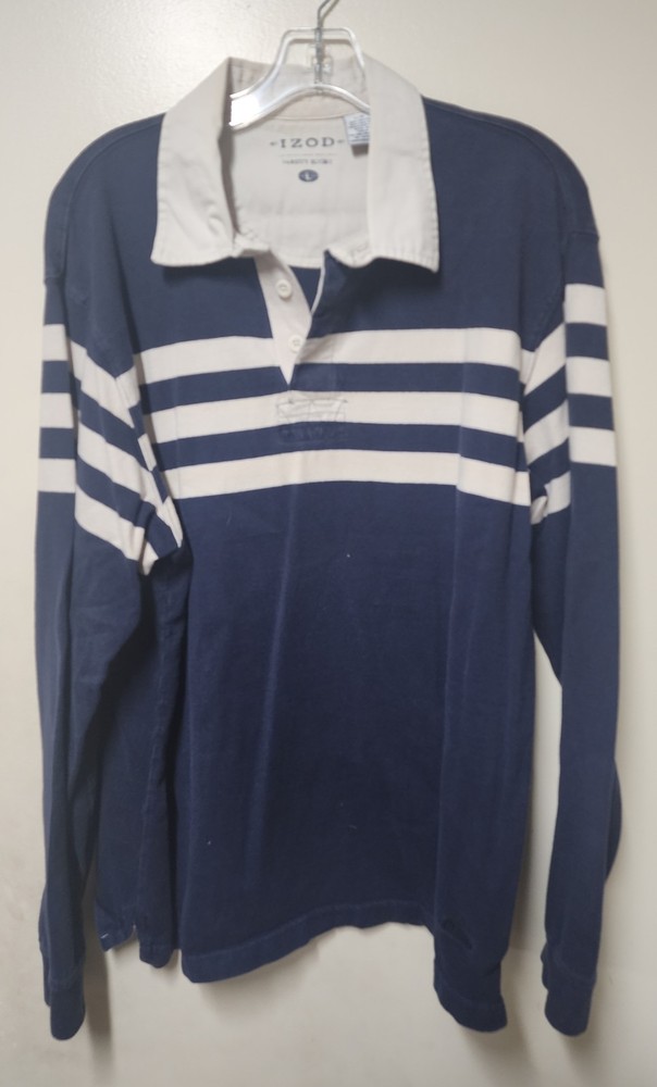 IZOD Varsity Rugby Shirt Mens L Navy Blue White Striped Long Sleeve Golf? Polo