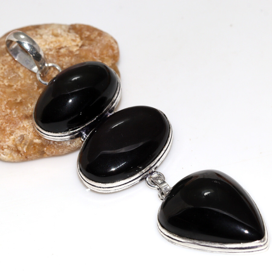 925 Silver Plated Black Onyx Ethnic Long Pendant Jewelry Size 3.7