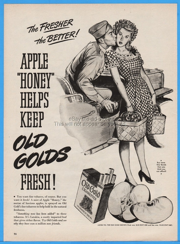 1944 Old Gold Cigarettes WWII Soldier Kissing Girl Apples Willys Jeep Art Ad