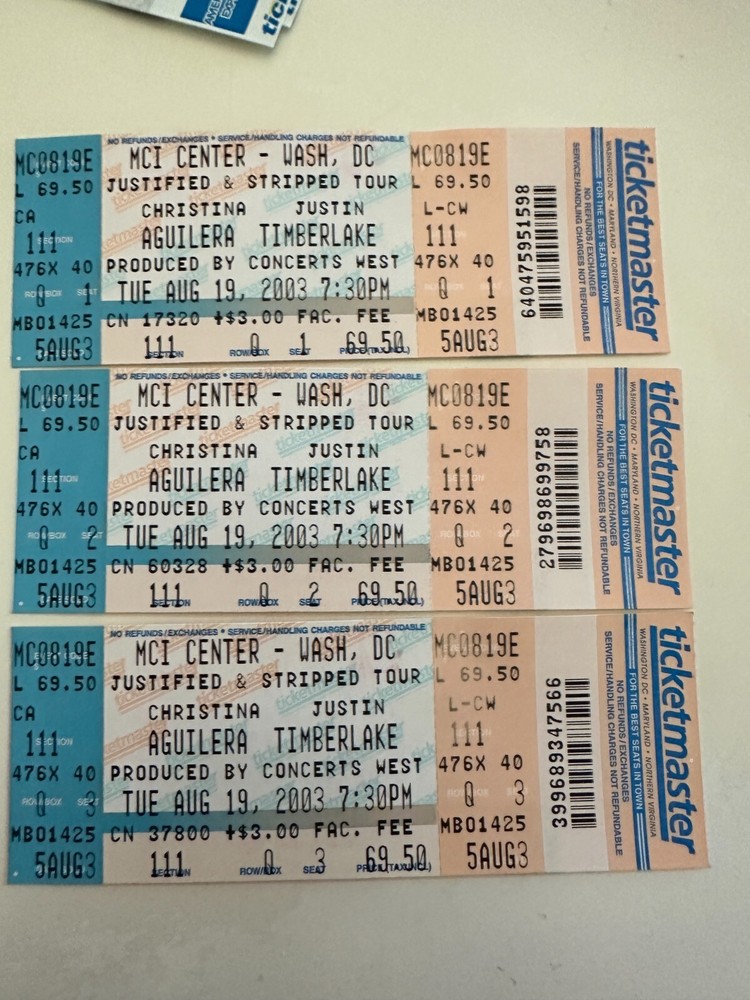 Christina Aguilera Justin Timberlake (3) Ticket Stubs 8/19/2003 MCI CTR - DC