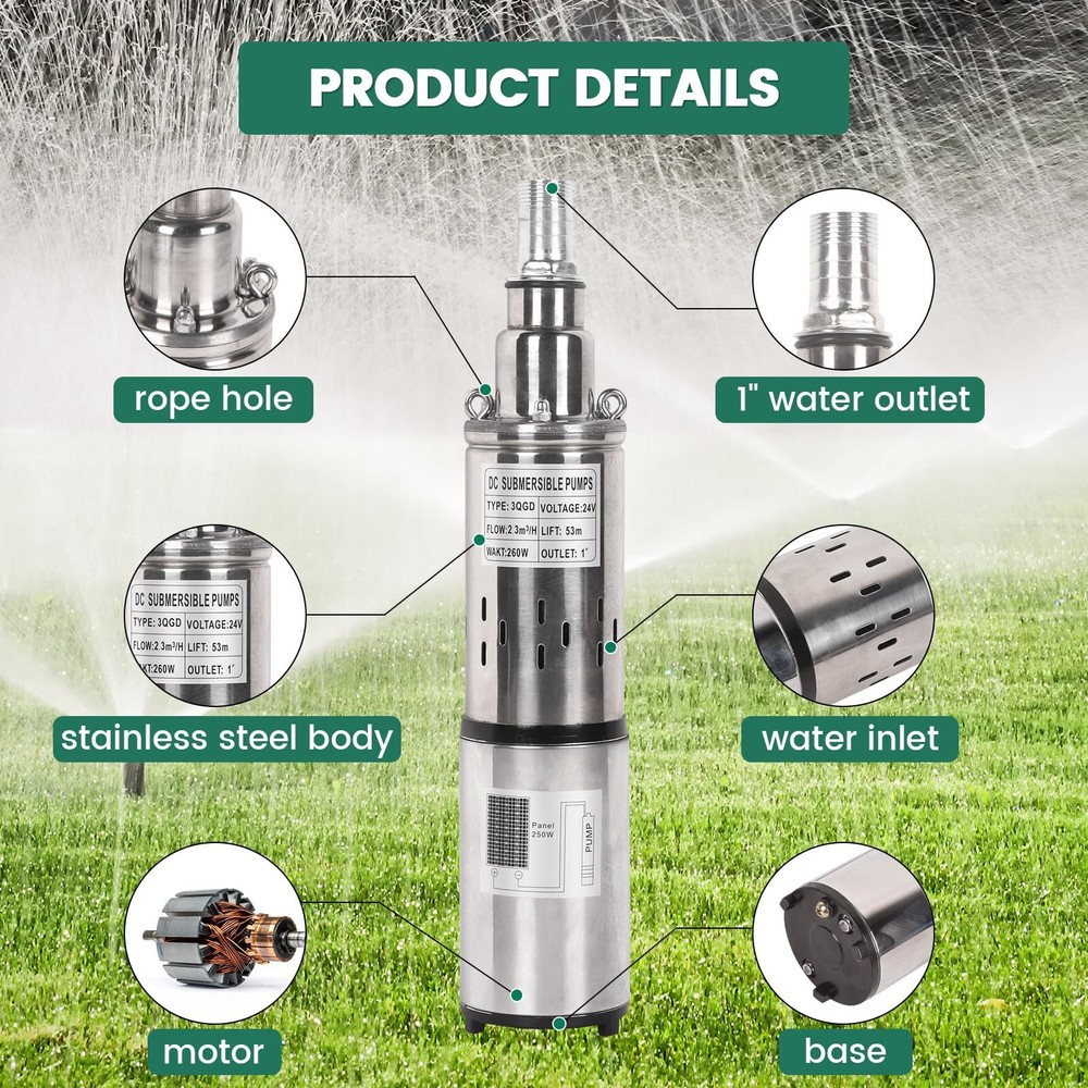 24V 260W Solar Water Pump Deep Well Solar Submersible Pump head 173ft stainless