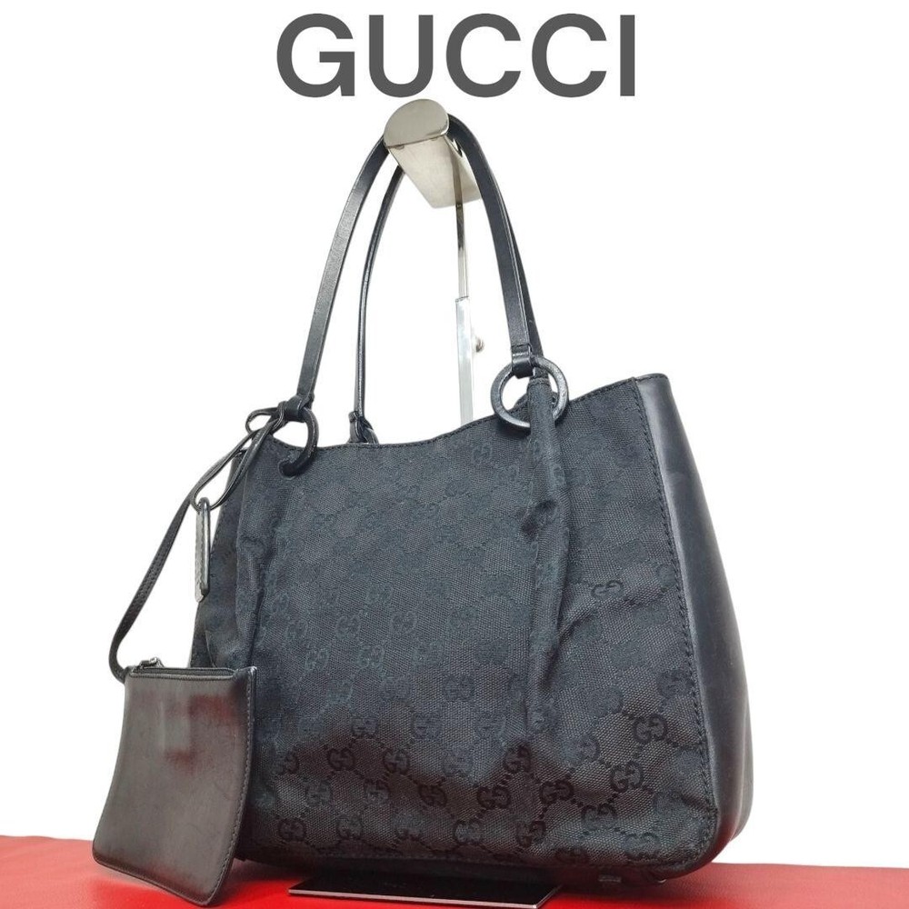 GUCCI's Black GG Canvas and Black Leather Tote Bag Purse W/pouch Used