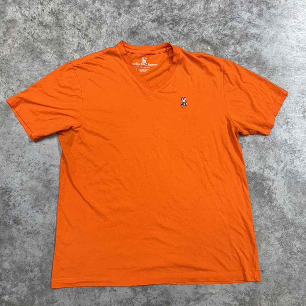 Psycho Bunny Shirt Mens 2XL Orange Pima Cotton V-Neck Skull Logo Graphic Tee