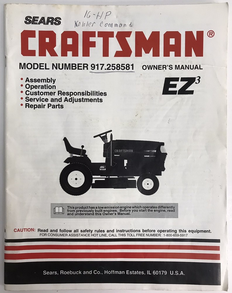 Craftsman 917.258581 Ride-On Mower Owner Manual Repair and Parts Guide