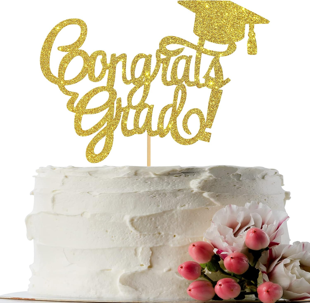 Gold Glitter Congrats Grad Cake Topper - High School Graduation Decor