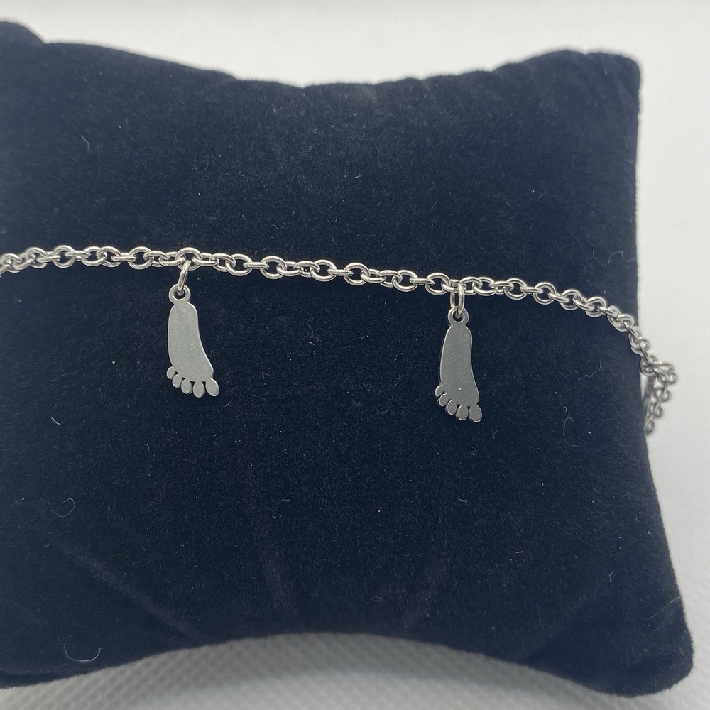 Stainless Steel Anklet with Dainty Feet Charms 9.5 Inch Adjustable 2 Inch Extension Elegant Boho Big Foot Jewelry  