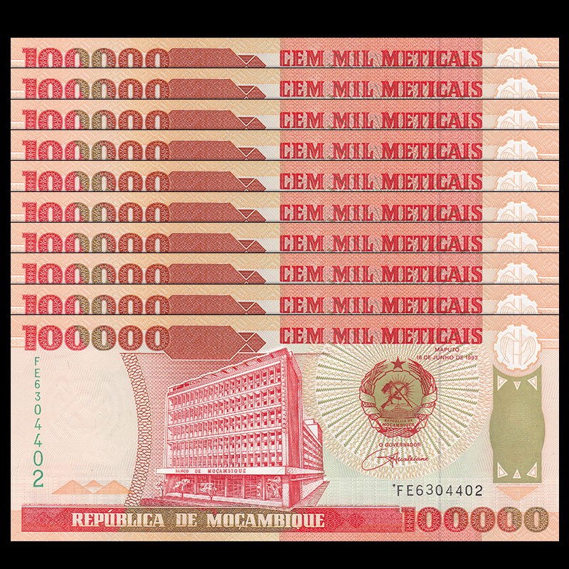 Lot 10 PCS, Mozambique 100000 100,000 Meticai, 1993(1994), P-139, UNC