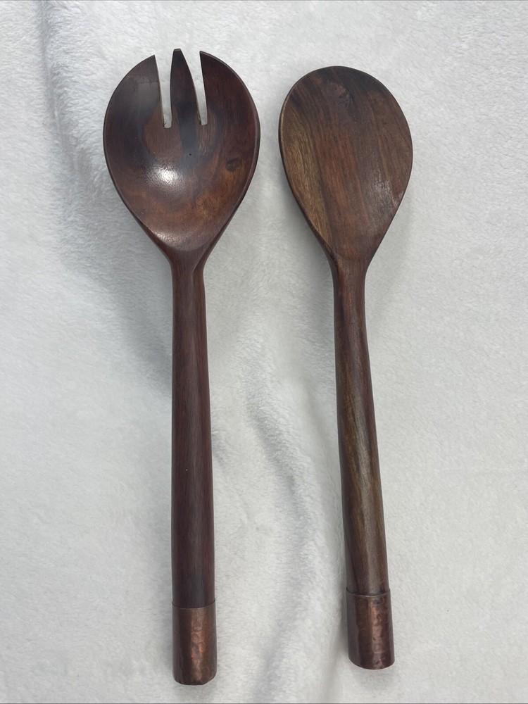 Vintage Wooden Parquet Utensils Serving Set Fork Spoon Salad