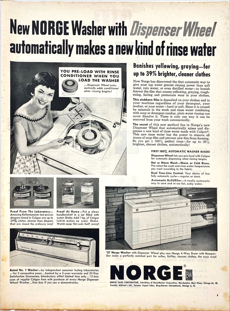Norge Washer with Dispenser Wheel Banishes Yellowing Vtg Magazine Print Ad