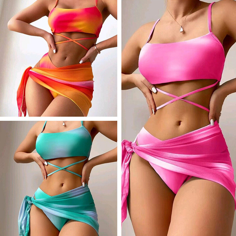 3pcs Tie Dye Print Bikini With Short Skirt Beach Sexy Swimwear Womens Clothing