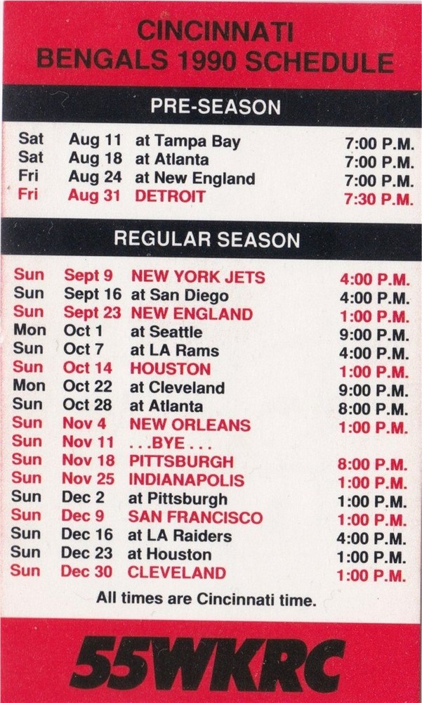 1990 Cincinnati Bengals NFL Football Pocket Schedule- 55WKRC