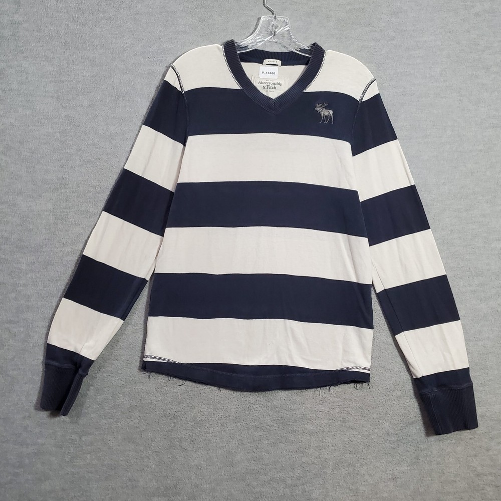Abercrombie & Fitch Men Shirt Medium Blue Striped Y2K Muscle Logo Moose-image