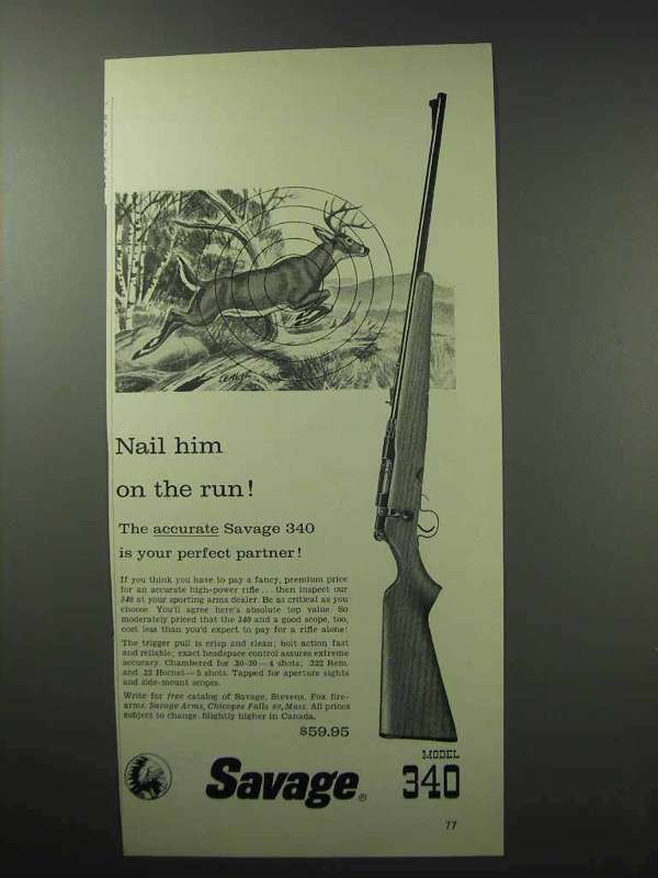1960 Savage Model 340 Rifle Ad - Nail Him on the Run