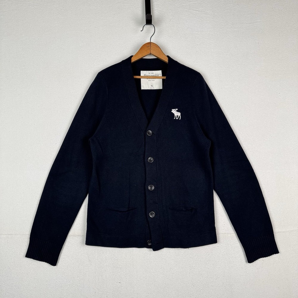 Abercrombie Fitch Men’s XL Wool Knit Navy Blue Cardigan Sweater Moose Logo-image