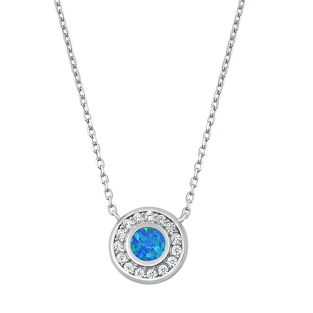 Halo Round Pendant Necklace Lab Created Blue Opal CZ 925 Sterling Silver 16 - 18