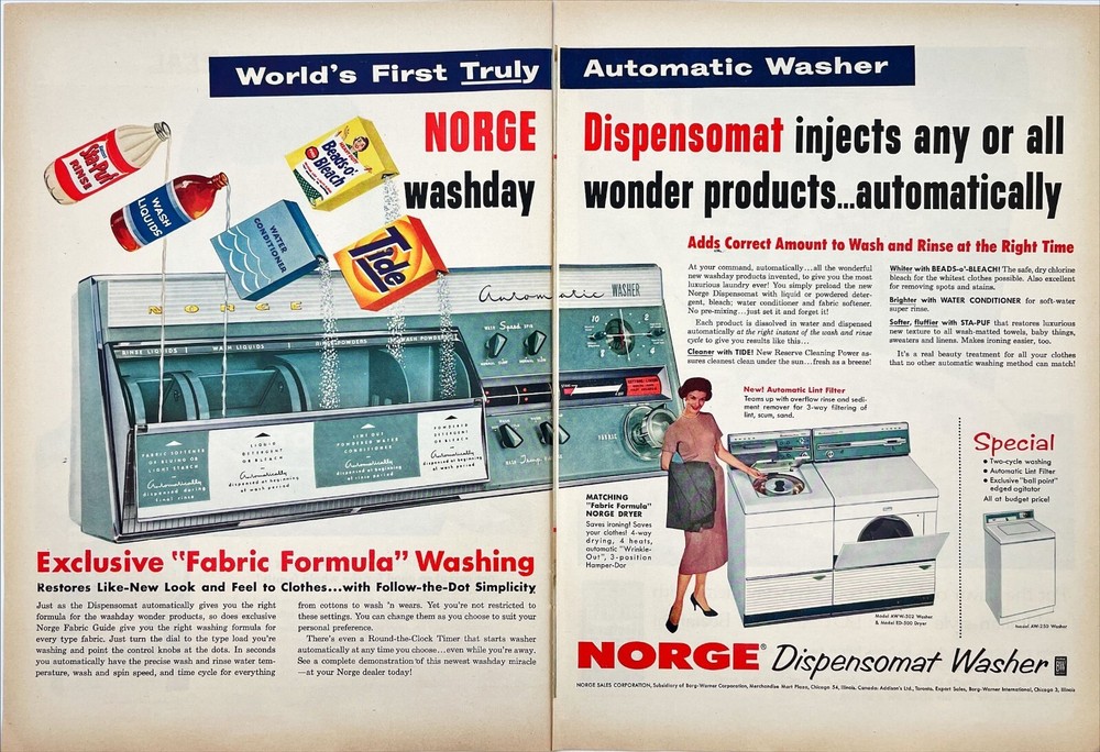 Norge Washing Machine Dispensomat Washer Homemaker Housewife Vtg Print Ad 1958