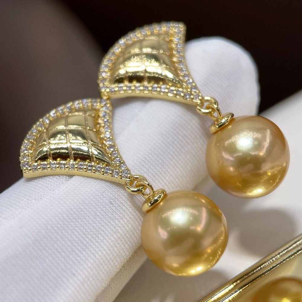 AAA Stunning 10-11mm Round South Sea Golden Pearl Earrings in 925 Sterling Silver-image