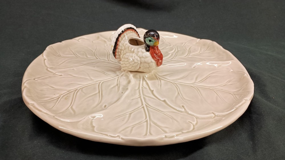 Vintage 10 Inch Ceramic Thanksgiving Turkey Divided Dish with Toothpick Holder