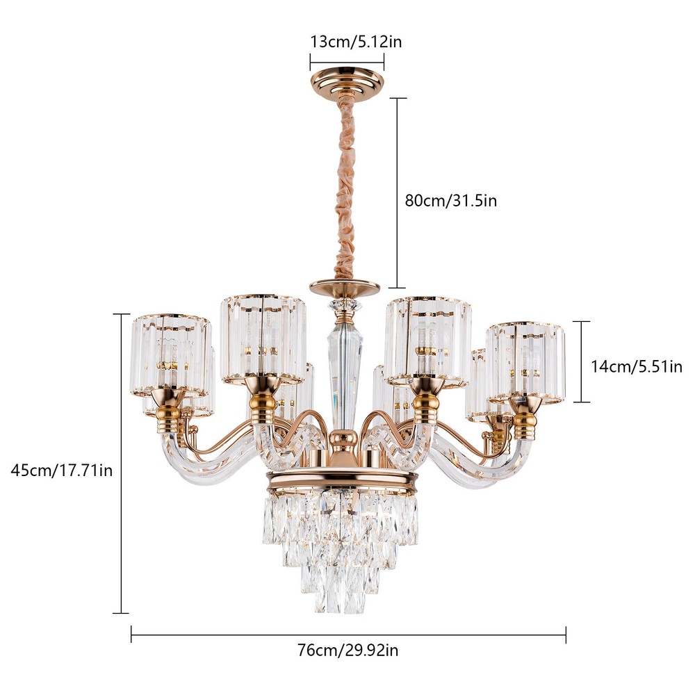 8 Lights Gold Large Crystal Chandeliers Ceiling Light Fixture for Living Room US