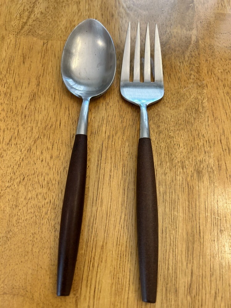 Set 2 Serving Salad Fork & Spoon Vintage Hearthside Stainless Japan Brown Handle