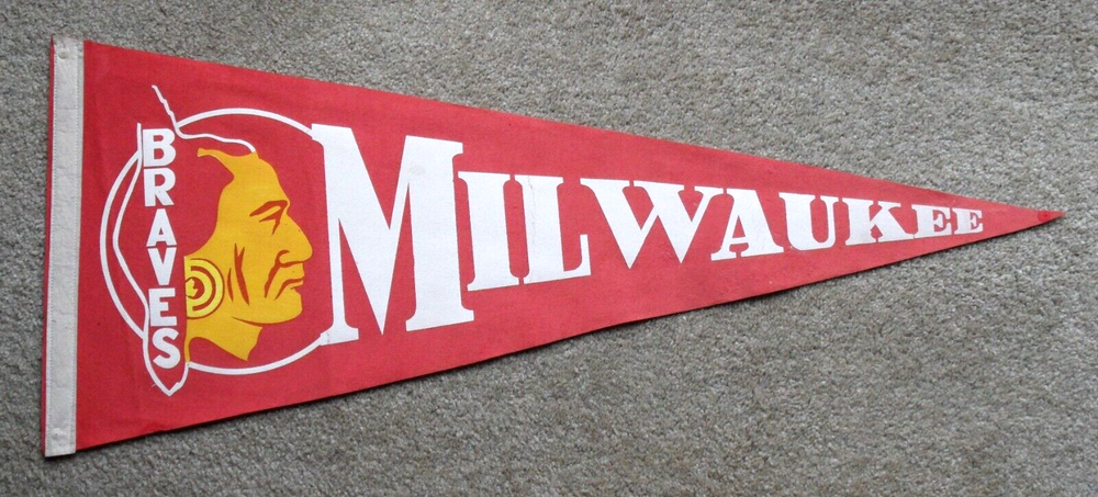 orig./Rare!! 1953 MILWAUKEE BRAVES *Vintage Baseball Pennant* with Warrior Brave
